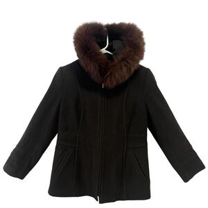 Sachi Collection Fur Collar Hooded Dark Brown Jacket (wool,Cashmere,Nylon Blend)